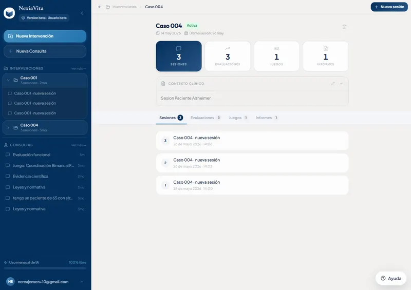 Patient case view with sessions, assessments, games and reports