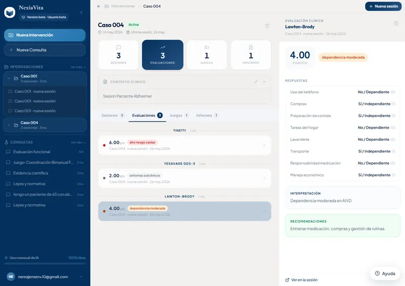 Standardized clinical scales scored automatically, with AI-generated recommendations
